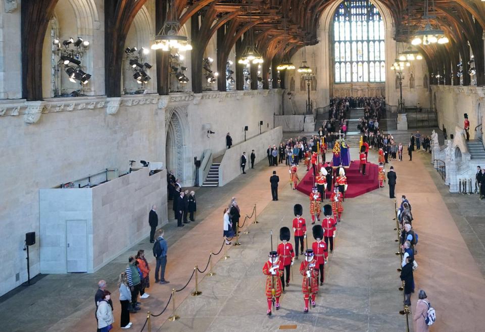 The old guard leaves after standing vigil around the Queen’s coffin in Westminster Hall during her lying in state (Yui Mok/PA) (PA Wire)