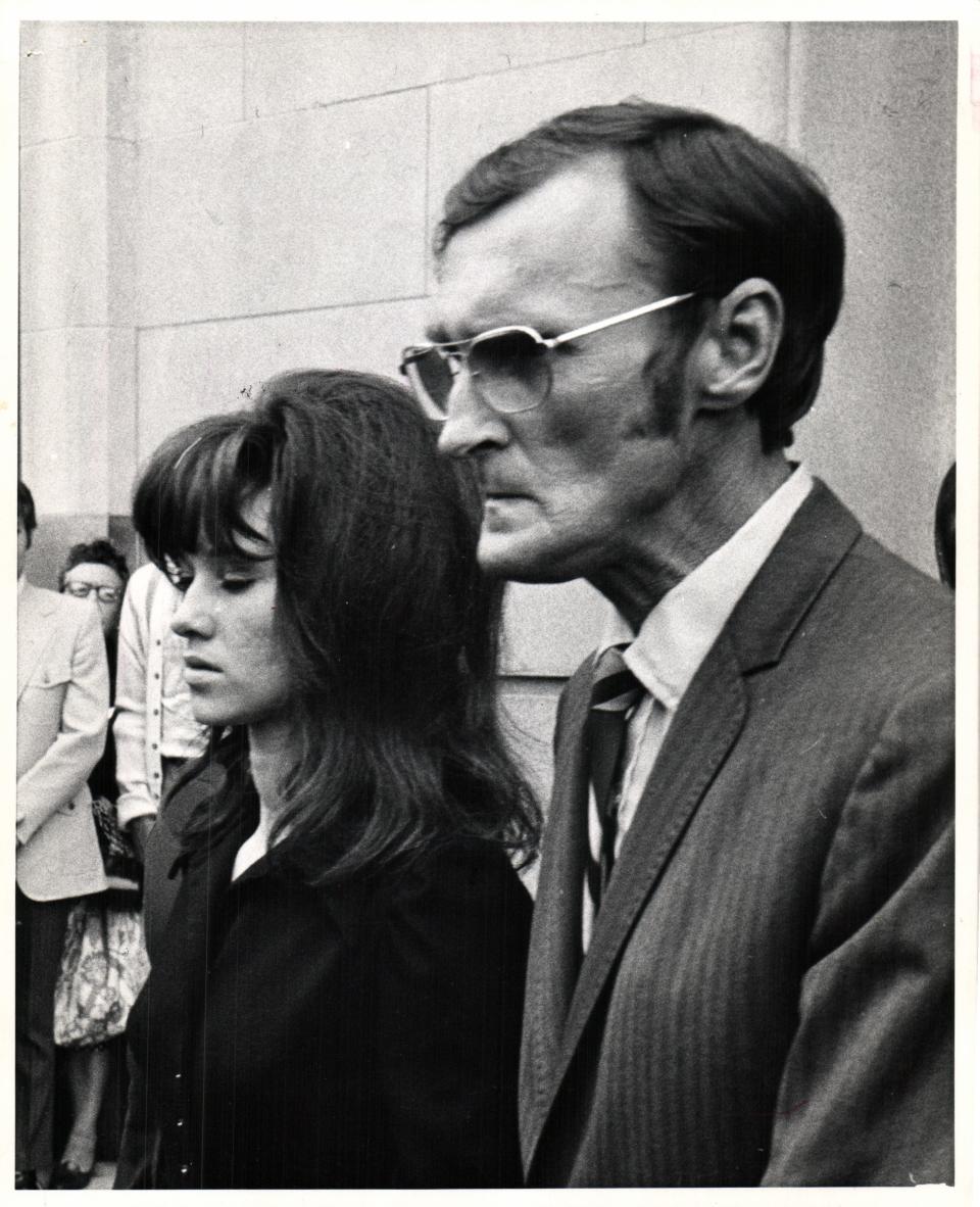 Chuck Hughes' wife, Sharon, and Chuck Hughes' brother, Tom, photographed after court proceedings. Chuck Hughes died suffering a heart attack as he played in a 1971 game for the Detroit Lions. Henry Ford Hospital and Sharon Hughes in 1974 settled a malpractice lawsuit she filed; her husband died of an undiagnosed heart condition. "I keep thinking maybe I shouldn't be filing this suit," Sharon Hughes said at the time.