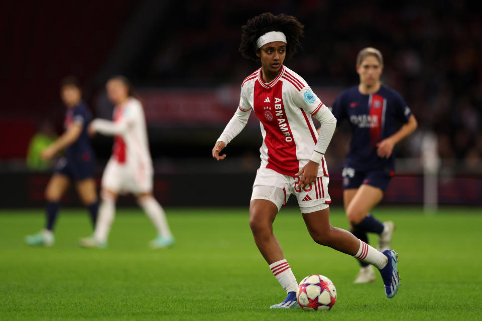 AMSTERDAM, NETHERLANDS - NOVEMBER 15:  Lily Yohannes of Ajax in action during the UEFA Women's Champions League group stage match between AFC Ajax and Paris Saint-Germain at Johan Cruijff Arena on November 15, 2023 in Amsterdam, Netherlands. (Photo by Dean Mouhtaropoulos - UEFA/UEFA via Getty Images)