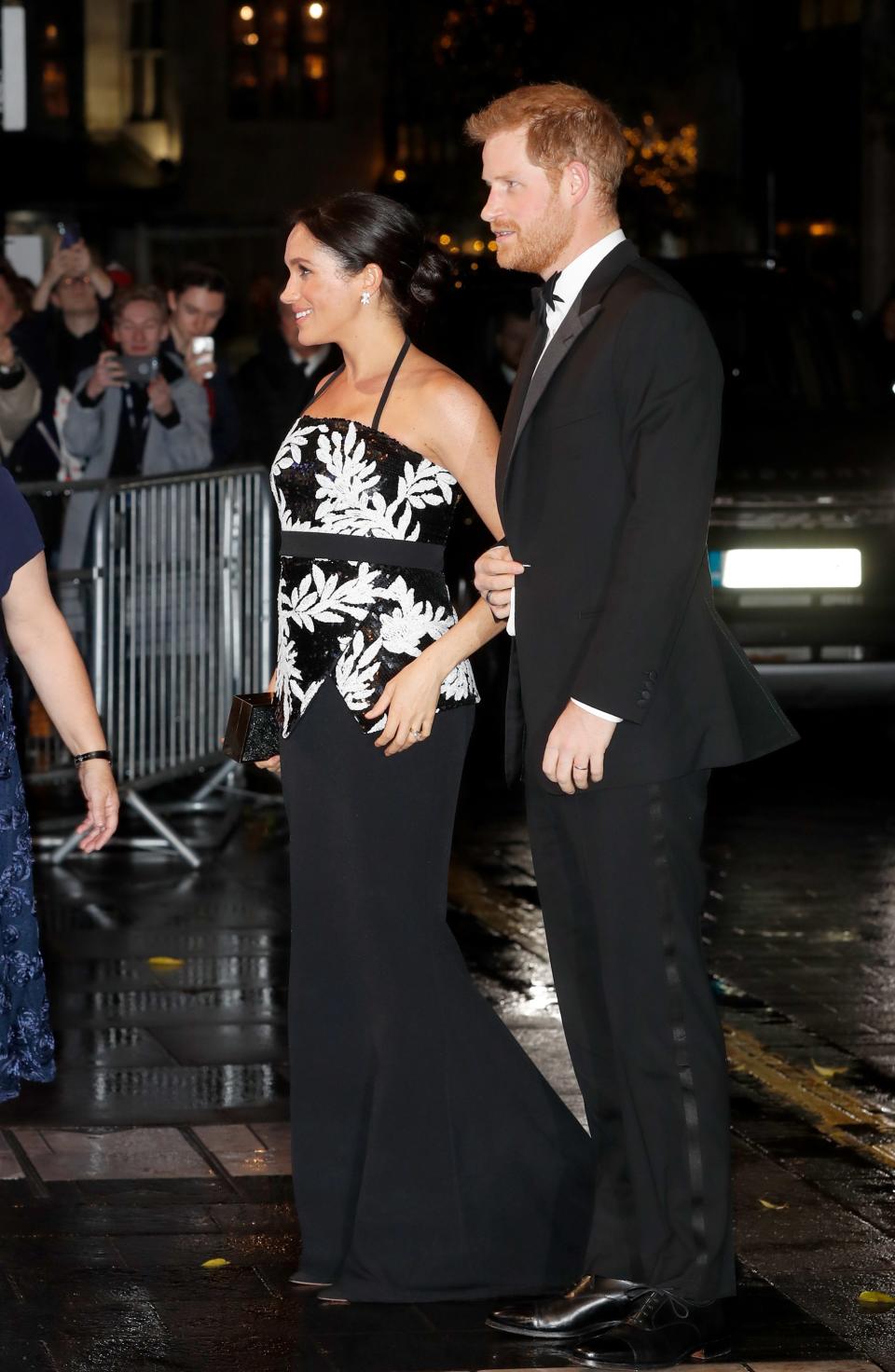 Meghan Markle arrived at the Royal Variety performance in London wearing a stunning halter top and black skirt by Safiyaa London.