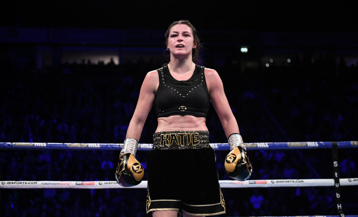 MANCHESTER , UNITED KINGDOM - 2 November 2019; Katie Taylor following her WBO Women's Super-Lightweight World title fight victroy ove Christina Linardatou at the Manchester Arena in Manchester, England. (Photo By Stephen McCarthy/Sportsfile via Getty Images)