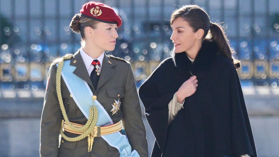 Queen Letizia of Spain and Crown Princess Leonor of Spain arrived at the Pascua Militar ceremony 