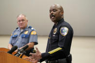 Redmond Police Chief Darrell Lowe, right, speaks at a news conference, Wednesday, July 14, 2021, in Redmond, Wash., about the earlier arrest of former Seattle Seahawks and San Francisco 49ers NFL football star Richard Sherman as Washington State Patrol Capt. Ron Mead looks on. Sherman was arrested after authorities said he tried to force his way into a family member's home in suburban Seattle and fought with officers. Online records say Sherman was booked into a jail early Wednesday on suspicion of so-called burglary domestic violence. (AP Photo/Elaine Thompson)