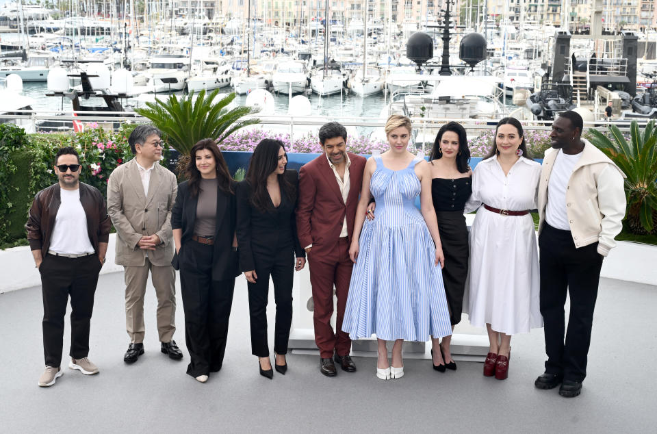 Juan Antonio Bayona, Hirokazu Kore-eda, Ebru Ceylan, Nadine Labaki, Pierfrancesco Favino, President of the Jury Greta Gerwig, Eva Green, Lily Gladstone and Omar Sy at the 77th Cannes Film Festival held at the Palais des Festivals on May 14, 2024 in Cannes, France.