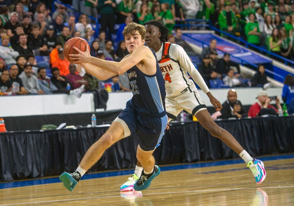 Franklin High School senior captain Sean O'Leary against Worcester North in the Div. 1 state boys basketball final at the Tsongas Center in Lowell, March 17, 2024.