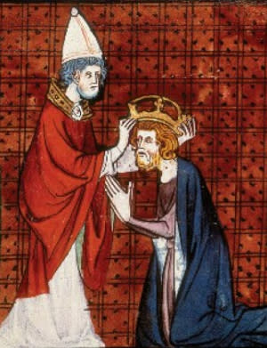 The painting portrays an Pope Leo III as an older man with gray hair laying a crown on a younger Charlemagne. He has red hair and is kneeling down to receive his crown.