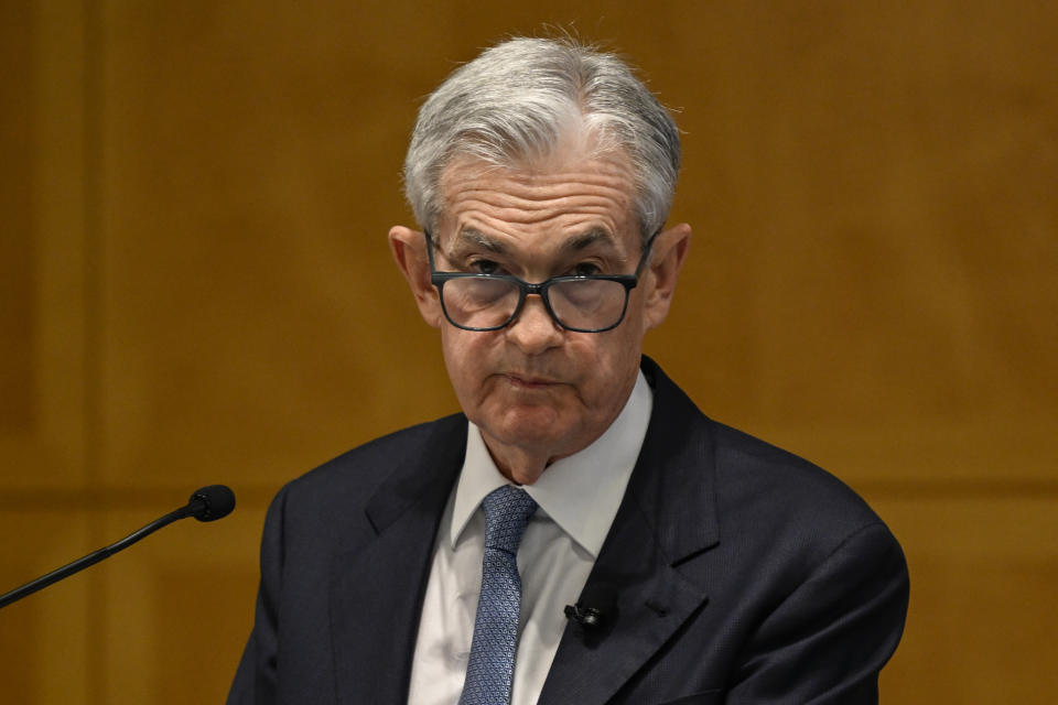 WASHINGTON DC, UNITED STATES - NOVEMBER 09: Jerome Powell, Chairman of the U.S. Federal Reserve, speaks during the 24th Jacques Polak Annual Research Conference at the International Monetary Fund (IMF) Headquarters in Washington DC, United States on November 09, 2023. (Photo by Celal Gunes/Anadolu via Getty Images)