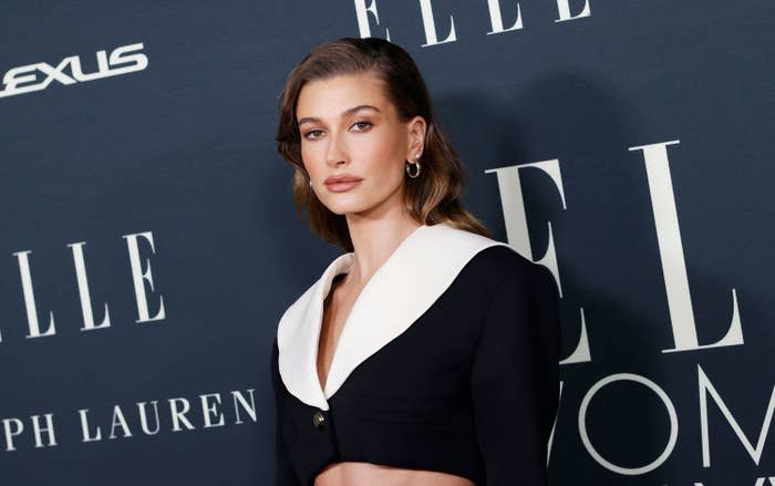 A close-up of Hailey on the red carpet