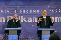 Albanian Prime Minister Edi Rama, right, speaks during a media conference at an EU-Western Balkans Summit, in Tirana, Albania, Tuesday, Dec. 6, 2022. EU leaders and their Western Balkan counterparts gathered Tuesday for talks aimed at boosting their partnership as Russia's war in Ukraine threatens to reshape the geopolitical balance in the region. At left is European Commission President Ursula von der Leyen and center is European Council President Charles Michel. (AP Photo/Vadim Ghirda)