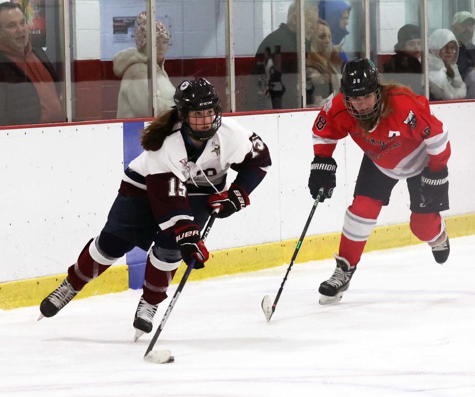 West Bridgewater/East Bridgewater/Bridgewater-Raynham/Bristol-Plymouth/Southeastern/Middleboro's Abby Gropman during a 2022-23 game against Whitman-Hanson.