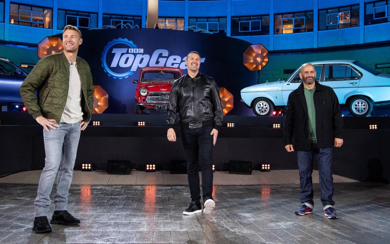 Andrew Flintoff, left, presents the show with Paddy McGuinness and Chris Harris - LEE BRIMBLE