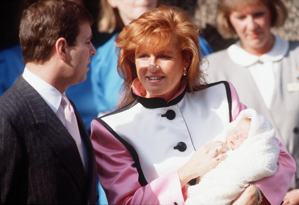 LONDON, UNITED KINGDOM - MARCH 30:  Prince Andrew With His Wife Sarah, Duchess Of York, Leaving The Portland Hospital With Their Baby Daughter Princess Eugenie Victoria Helena Of York.  (Photo by Tim Graham Photo Library via Getty Images)