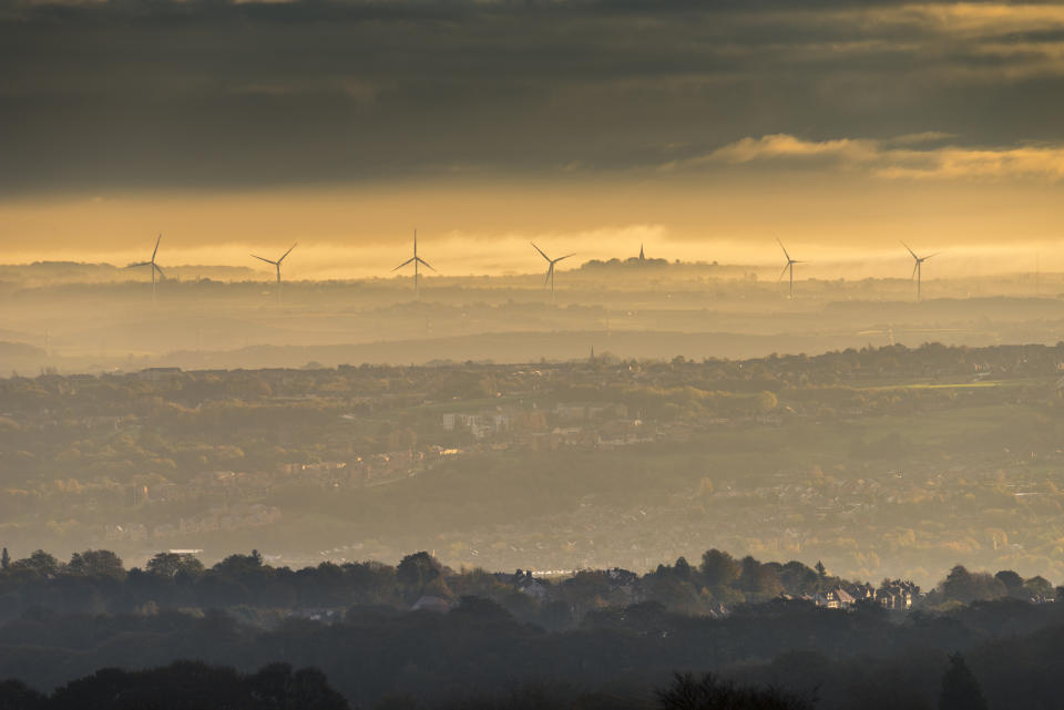 South Yorkshire and Rotherham, as seen from the Pennines on a stunning autumn morning with mist and golden light. UK