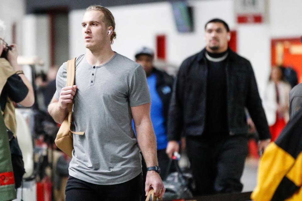Detroit Lions linebacker Alex Anzalone arrives for the NFC championship game at Levi's Stadium in Santa Clara, Calif. on Sunday, Jan. 28, 2024.