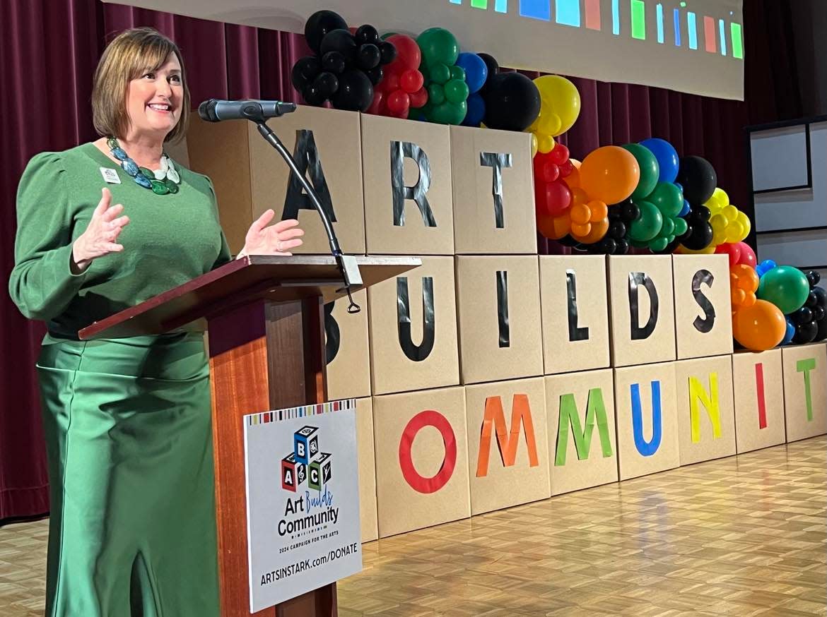 Maureen Ater, incoming CEO of ArtsinStark, addresses the audience on Tuesday at the organization's kickoff event for its 2024 fundraising campaign.