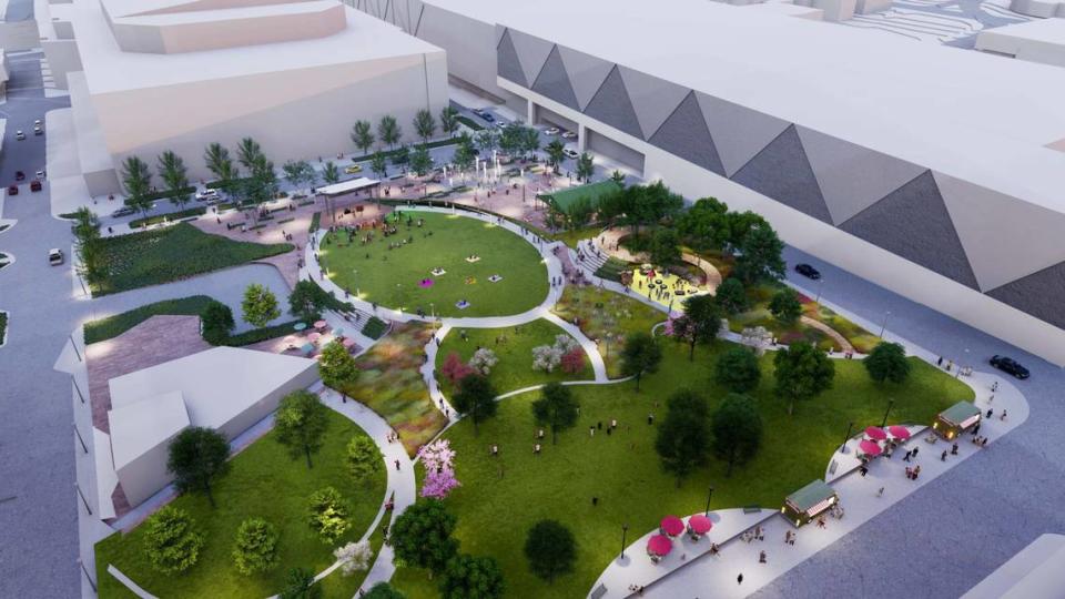 A rendering shows a concept to convert Barney Allis Plaza into a green space.