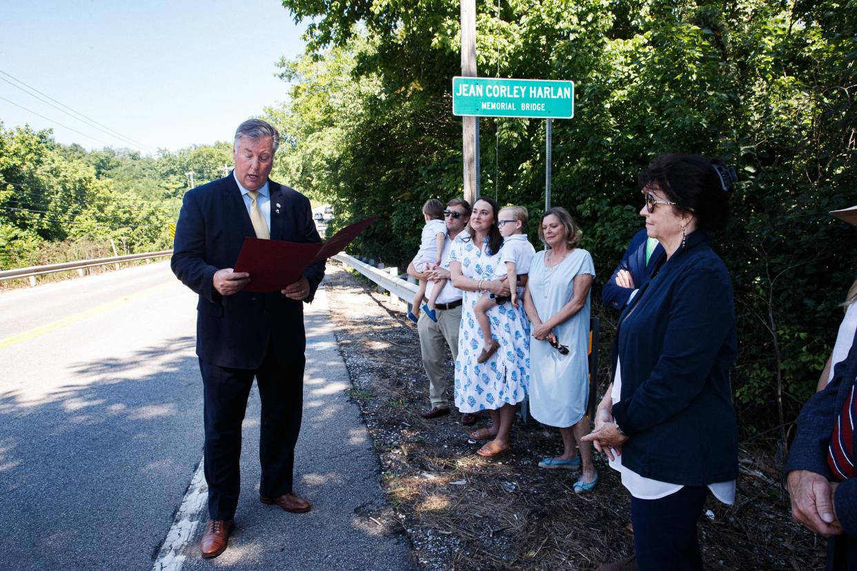 Representative Scott Cepicky, reads a proclamation during a bridge dedication ceremony in memory of Jean Corley Harlan in Columbia, Tenn. on Tuesday, July 11, 2023. 