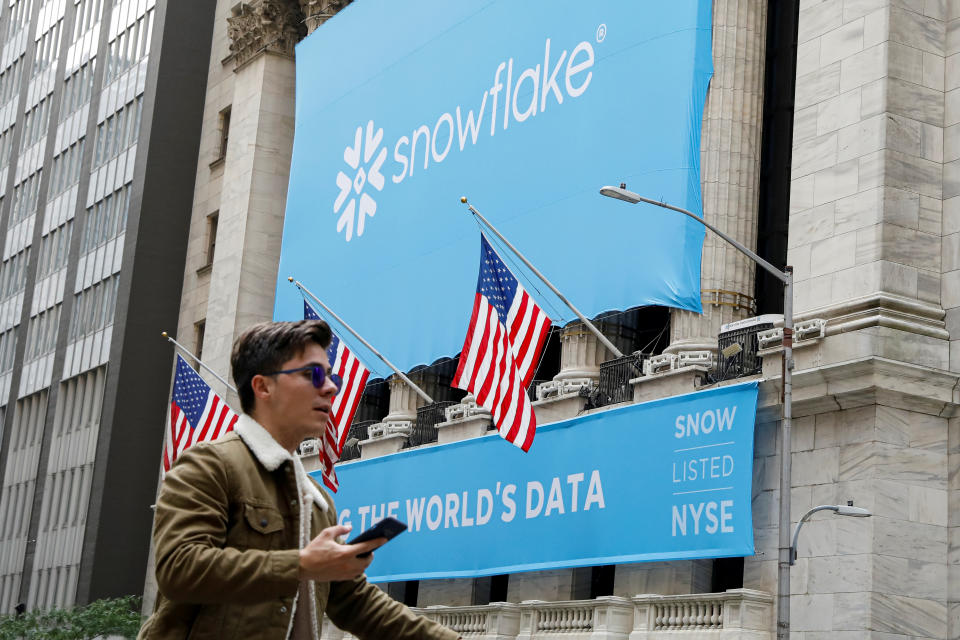 A banner for Snowflake Inc. is displayed celebrating the company's IPO at the New York Stock Exchange (NYSE) in New York, U.S., September 16, 2020. REUTERS/Brendan McDermid