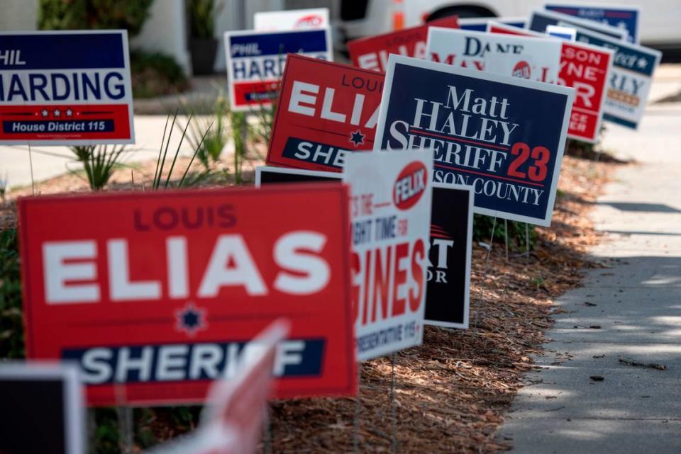 Election signs outside a polling location at the Lopez-Quave Public Safety Center in Biloxi during the Mississippi Primary Election on Tuesday, Aug. 8, 2023. Hannah Ruhoff/Sun Herald