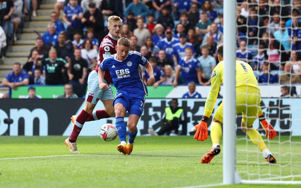 Leicester City's Harvey Barnes scores their first goal past West Ham United's Lukasz Fabianski - Reuters