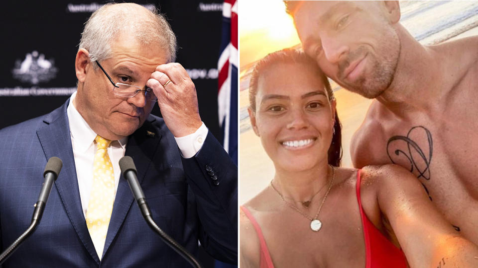 Scott Morrison is pictured in a 50/50 split image next to an Instagram picture of Bryce Cartwright and wife Shanelle.