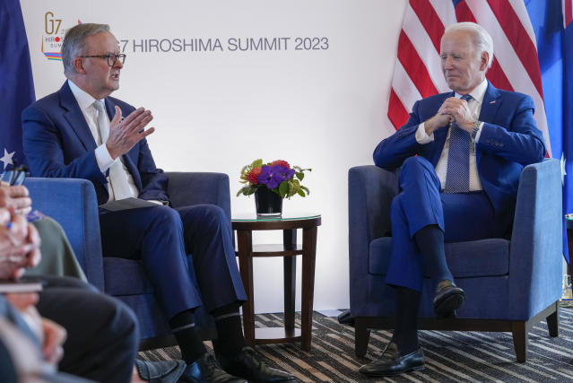 President Joe Biden, right, and Australia's Prime Minister Anthony Albanese meet on the sidelines of the G7 Summit in Hiroshima, Japan, Saturday, May 20, 2023. (AP Photo/Susan Walsh)