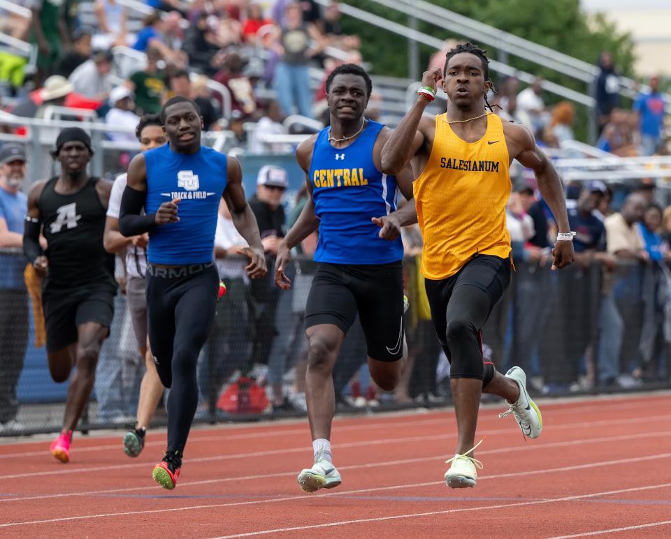 Salesianum’s Jasyn Truitt wins the Division I 200-meter dash at the DIAA Track and Field Championships on Saturday, May 20, 2023, at Dover High.