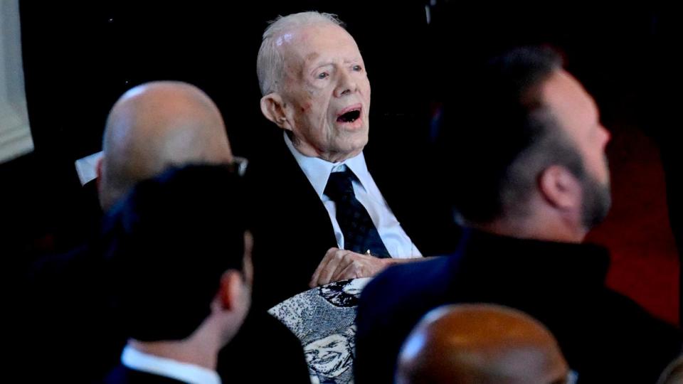 PHOTO: Former U.S. President Jimmy Carter arrives for a tribute service for former U.S. First Lady Rosalynn Carter, at Glenn Memorial Church, Nov. 28, 2023, in Atlanta.  (Andrew Caballero-reynolds/AFP via Getty Images)