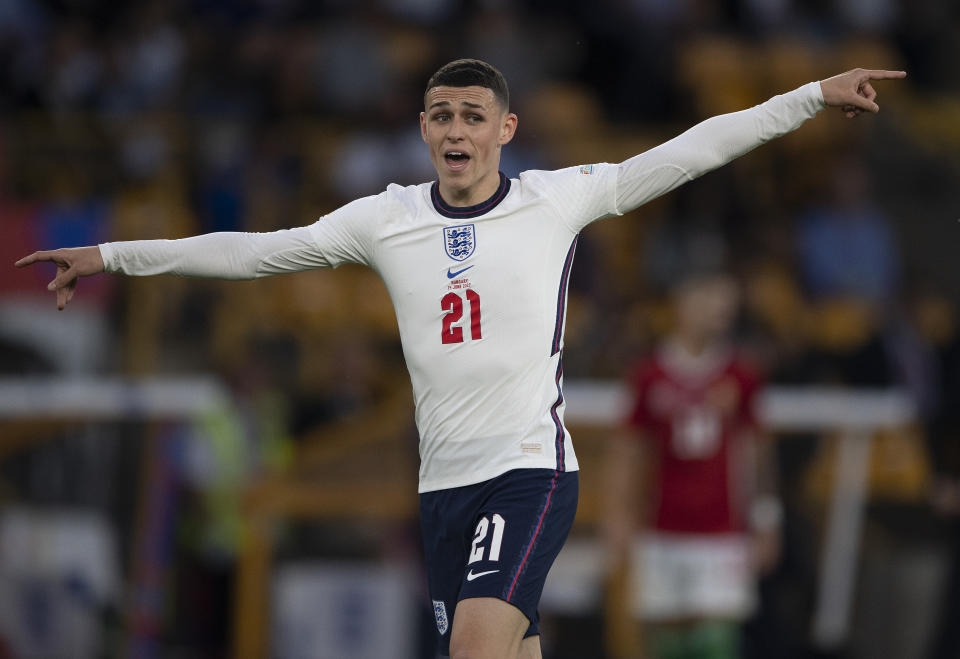 WOLVERHAMPTON, ENGLAND - JUNE 14: Phil Foden of England during the UEFA Nations League - League A Group 3 match between England and Hungary at Molineux on June 14, 2022 in Wolverhampton, England. (Photo by Visionhaus/Getty Images)