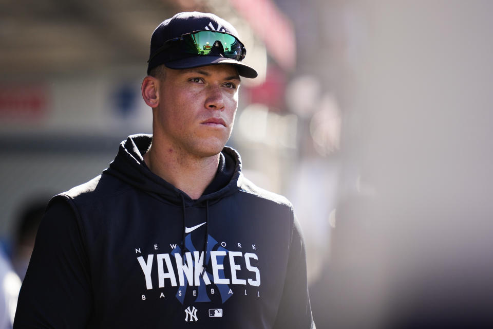 New York Yankees' Aaron Judge stands in the dugout during the fifth inning of a baseball game against the Los Angeles Angels in Anaheim, Calif., Wednesday, July 19, 2023. (AP Photo/Ashley Landis)
