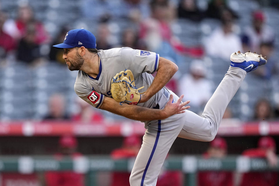 Kansas City Royals starting pitcher Michael Wacha throws to the plate during the first inning of a baseball game against the Los Angeles Angels Thursday, May 9, 2024, in Anaheim, Calif. (AP Photo/Mark J. Terrill)