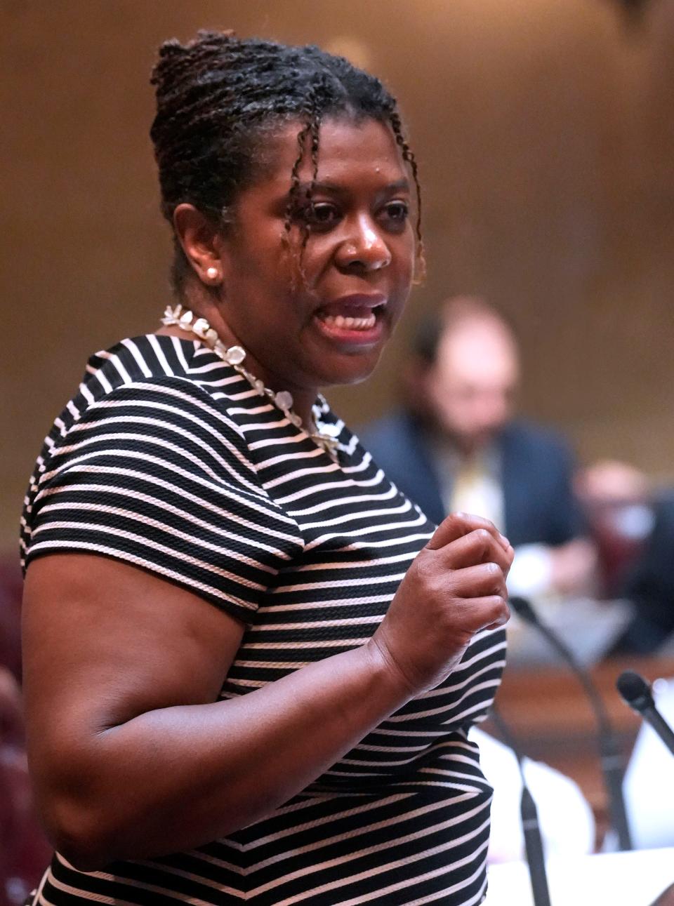 Wisconsin state Sen. LaTonya Johnson, D-Milwaukee, debates the local government funding bill in the Madison during the Senate session on Wednesday.