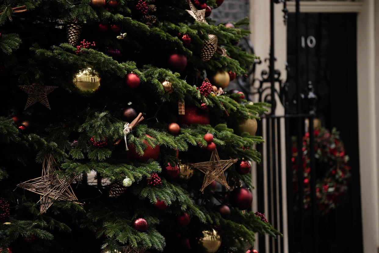 Ornaments and baubles hang from the Christmas tree outside 10 Downing Street, Westminster, London. Picture date: Saturday November 27, 2021.