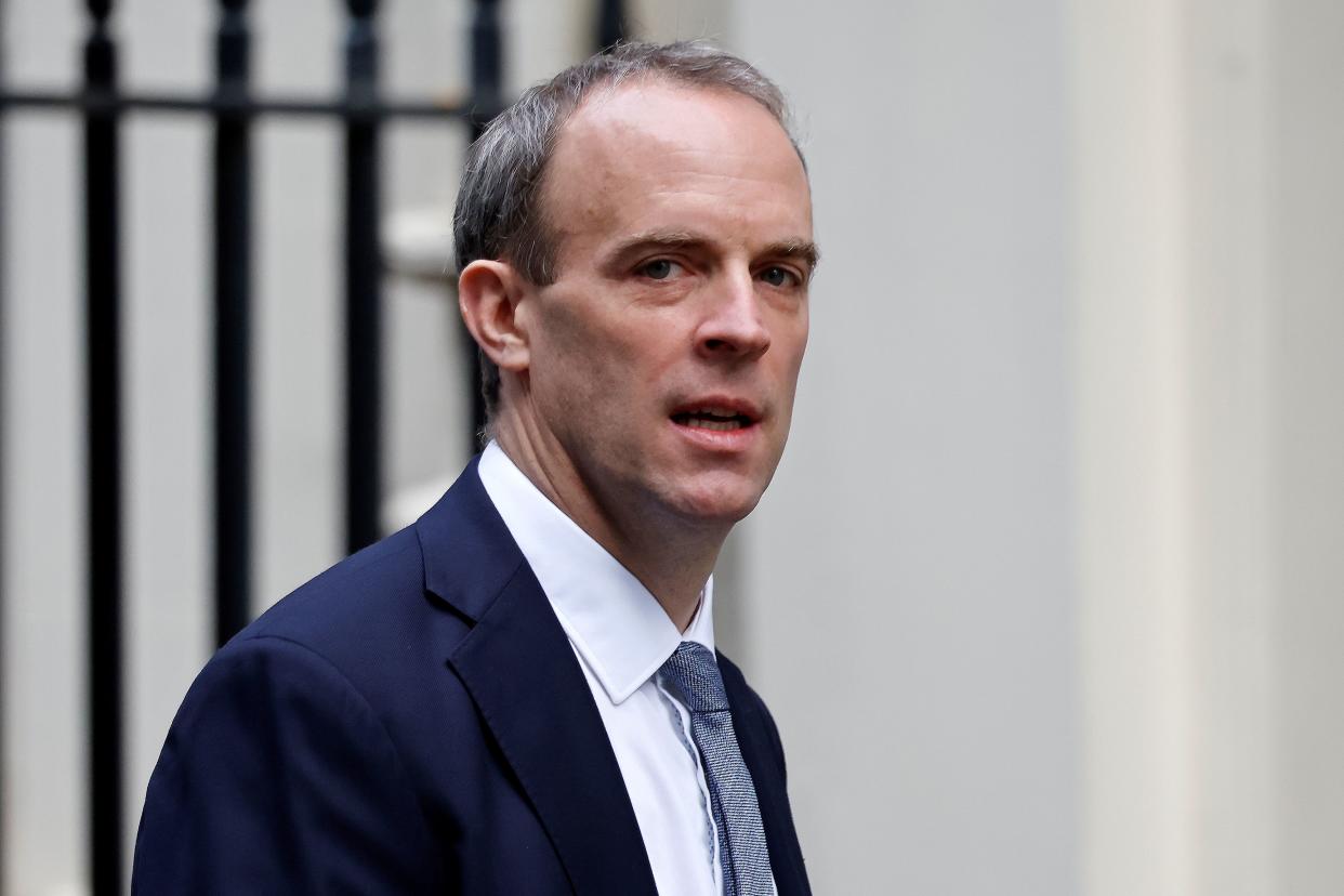 Britain's Foreign Secretary Dominic Raab arrives at 10 Downing Street in central London on November 26, 2020. - Britain's government on Wednesday unveiled plans to slash the foreign aid budget to help mend its coronavirus-battered finances, prompting one minister to quit and defying impassioned calls to protect the world's poorest people. (Photo by Tolga Akmen / AFP) (Photo by TOLGA AKMEN/AFP via Getty Images)