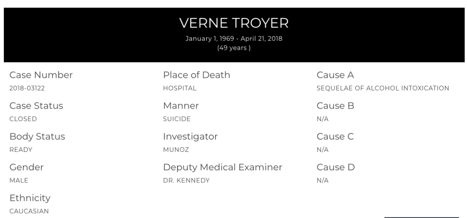 The coroner’s report on Verne Troyer. (Image: lacounty.gov)