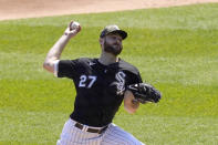 Chicago White Sox starting pitcher Lucas Giolito delivers in the first inning of the first game of a baseball doubleheader Friday, May 14, 2021, in Chicago. (AP Photo/Charles Rex Arbogast)