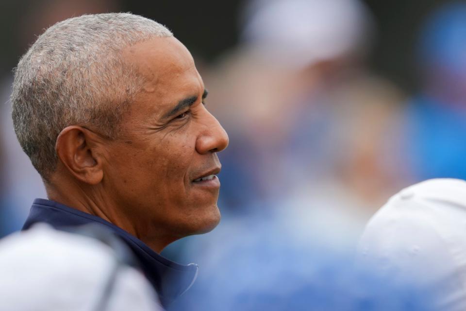 Sep 13, 2024; Gainesville, Virginia, USA; Former President Barack Obama watches from the first tee during Foursomes matches between Team Europe and Team USA during the first round of the Solheim Cup 2024 at Robert Trent Jones Golf Club.