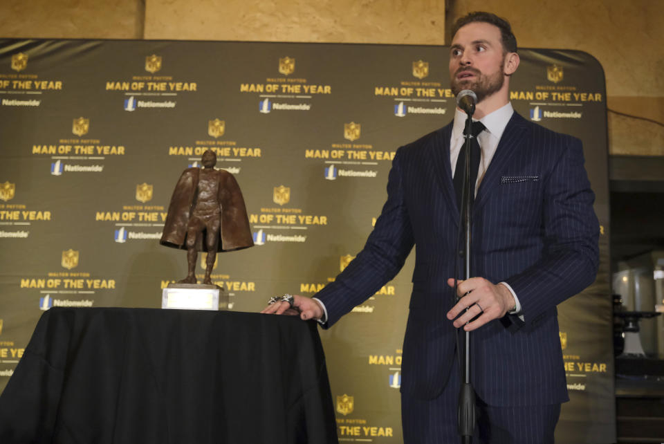 Chris Long of the Philadelphia Eagles, winner of the Walter Peyton NFL man of the year award, poses in the press room at the 8th Annual NFL Honors at The Fox Theatre on Saturday, Feb. 2, 2019, in Atlanta. (Photo by AJ Mast/Invision for NFL/AP Images)