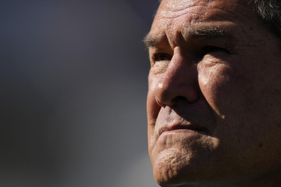 Australia's head coach Dave Rennie looks on prior to a Rugby Championship match against Argentina, at the Bicentenario stadium in San Juan, Argentina, Saturday, Aug. 13, 2022. (AP Photo/Natacha Pisarenko)