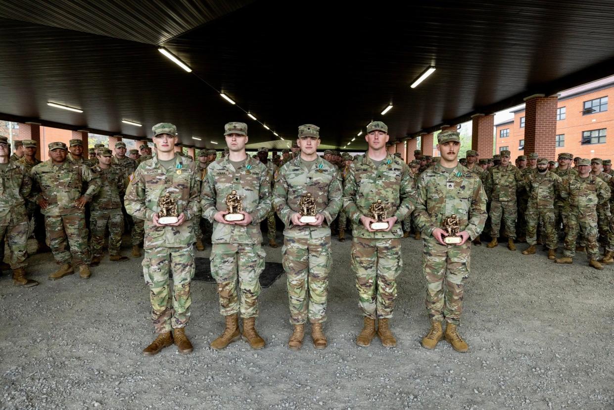 Members of the 200th Military Police Command were named winners of the 2024 Best Squad Competition at Fort Knox, Kentucky. From left, the winners were Pfc. Nethanial Schwab, Spc. Andrew Ocilka, Spc. Aaron Court, Sgt. Russell McCune and Staff Sgt. Nicholas Jarman. Court is an Ohio man raised in Alliance.