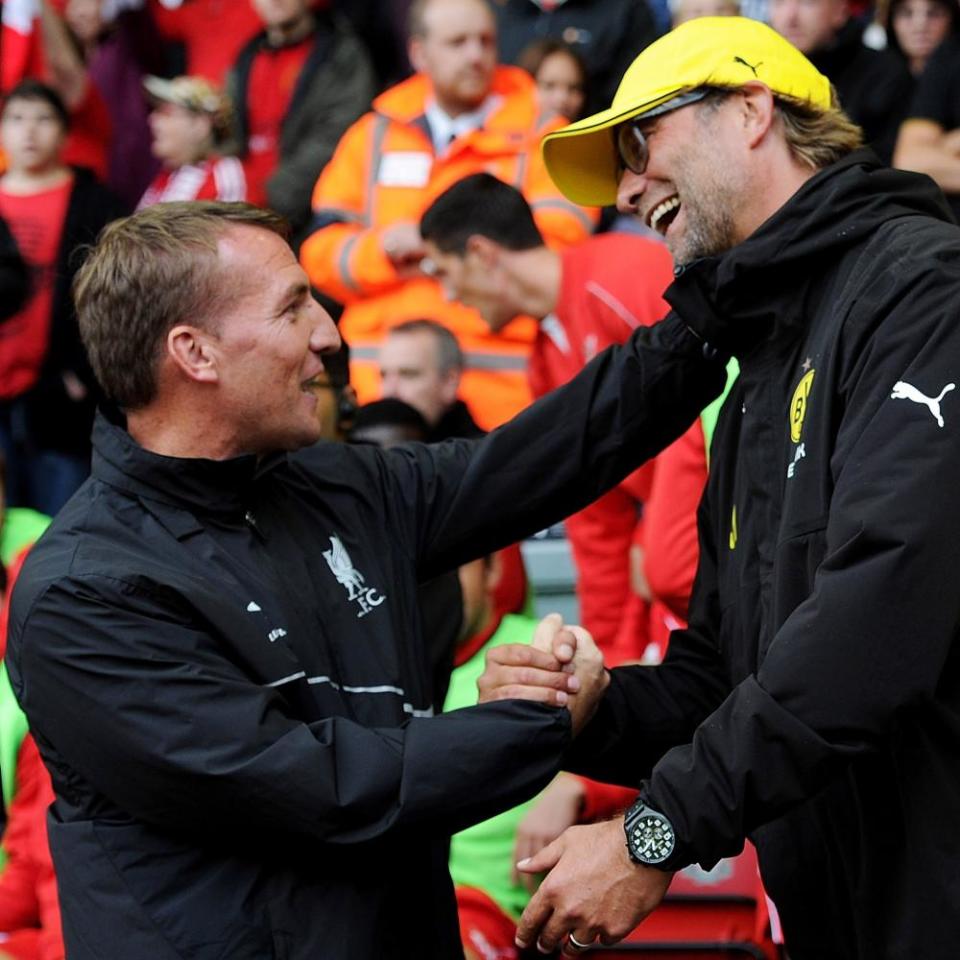 Brendan Rodgers as Liverpool manager with Jürgen Klopp before Borussia Dortmund’s friendly at Anfield in August 2014