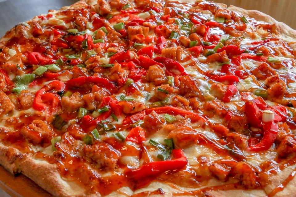 General Tso's Pizza with chicken at Francesco's, a NY style pizzeria on Hope Street in Providence.