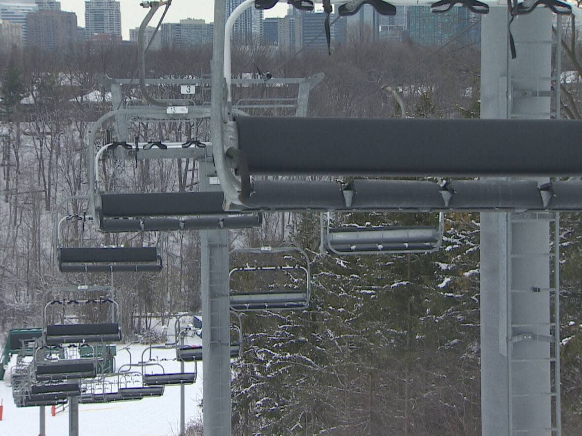 A view of the chair lift at the Earl Bales Ski and Snowboard Centre. The main hill at the centre, near Bathurst Street and Sheppard Avenue West, will open at 9 a.m. for the season. (CBC - image credit)