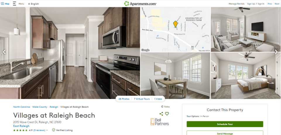 A listing for Raleigh’s Villages at Raleigh Beach on Apartments.com from April 25, 2024.