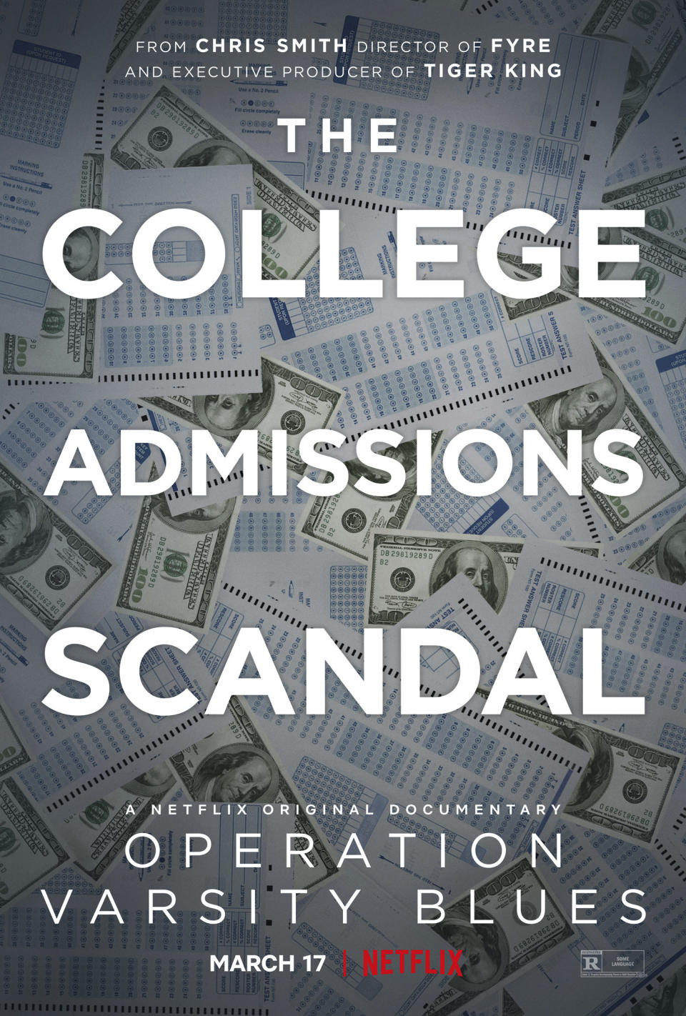 En esta imagen difundida por Netflix, el póster de "Operation Varsity Blues", un documental sobre el escándalo de sobornos a universidades estadounidenses que se estrena el 17 de marzo. (Netflix vía AP)