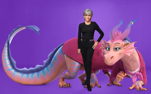 Jane Fonda alongside her character Babe, The Dragon, from ‘Luck’ - Credit: Courtesy Apple TV+.