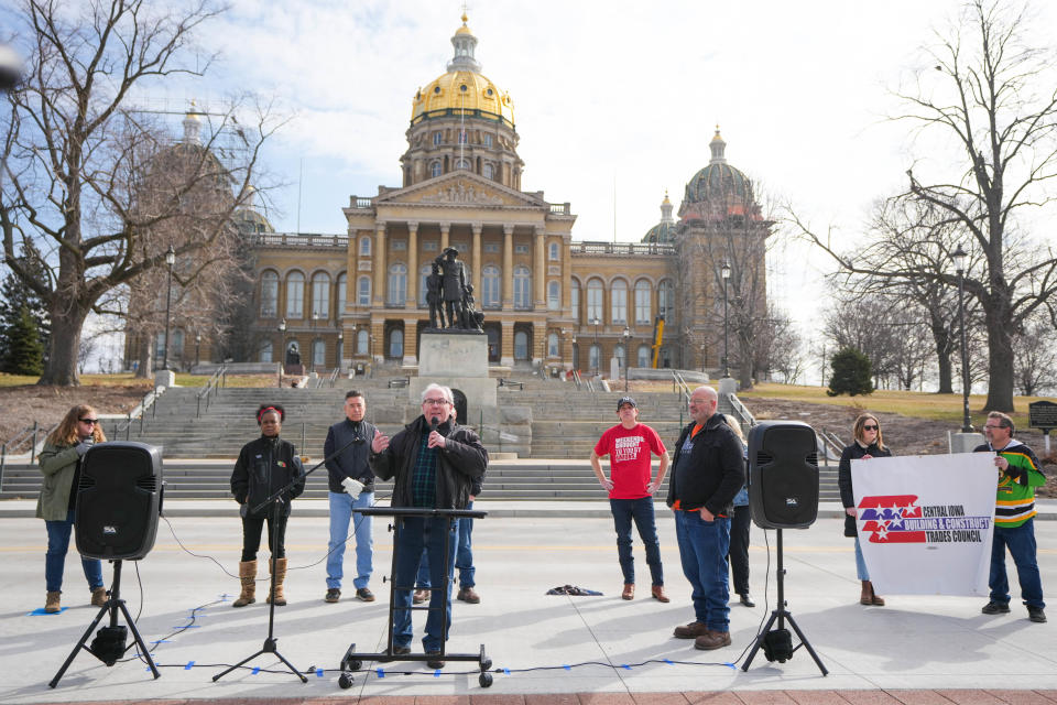 Deputy Director of Common Good Iowa Mike Owen speaks at the child labor bill protest put on by the Iowa Federation of Labor AFL-CIO and several unions on the west stage area of the Iowa State Capitol Building on Saturday, March 25, 2023.