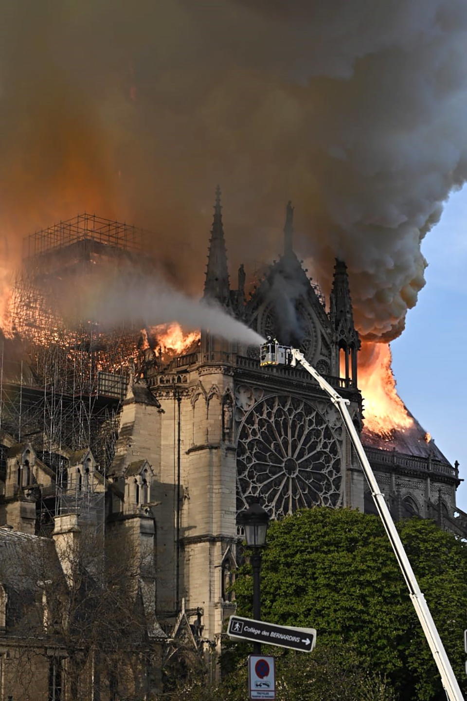 Emergency services tackle a fire at Notre-Dame de Paris, a Catholic cathedral founded in the 11th century. (Photo: Stoyan Vassev/TASS  via Getty Images)