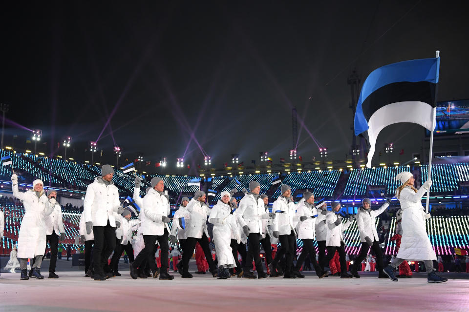 <p>Flag bearer Saskia Alusalu of Estonia and teammates enter the stadium during the Opening Ceremony of the PyeongChang 2018 Winter Olympic Games at PyeongChang Olympic Stadium on February 9, 2018 in Pyeongchang-gun, South Korea. (Photo by Matthias Hangst/Getty Images) </p>