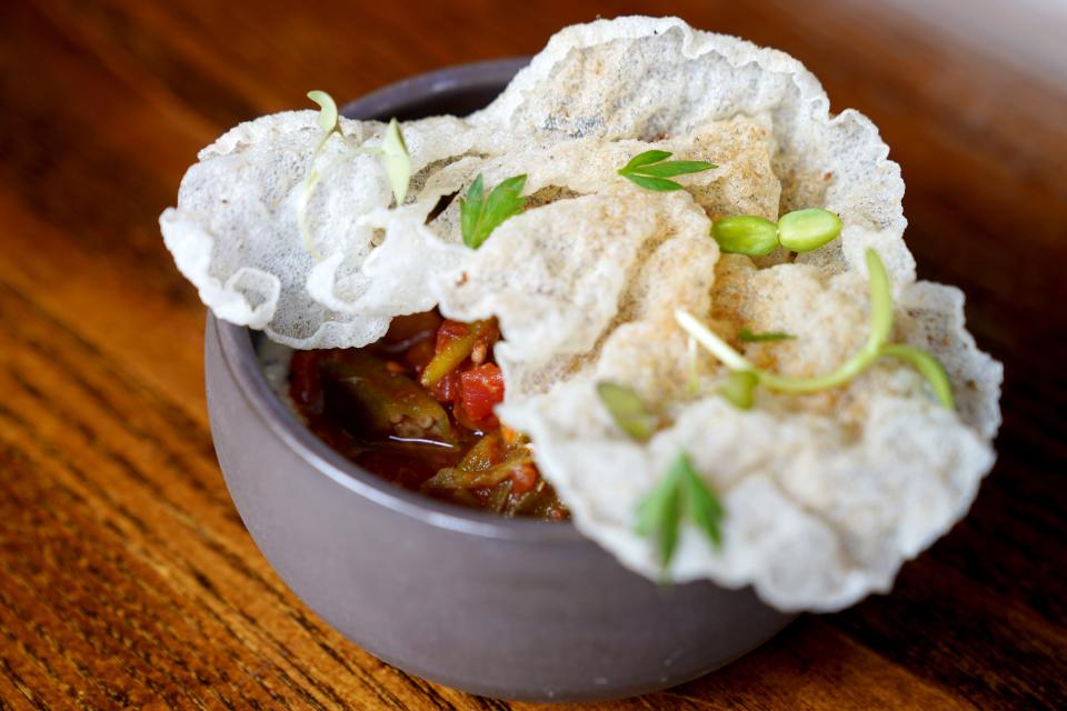 Stewed okra with tomatoes and jimmy red corn grits at Nolia Kitchen, in Over-the-Rhine.